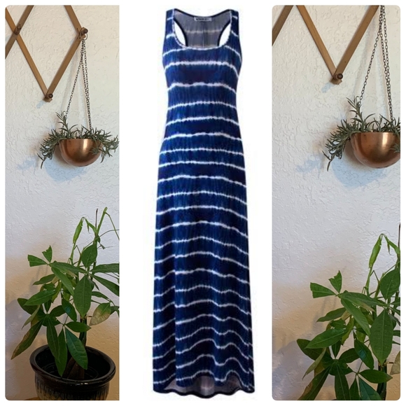 Boho Blue Tie Dye Racerback Tank Maxi Soft Stretchy Dress Size Small - Picture 6 of 10